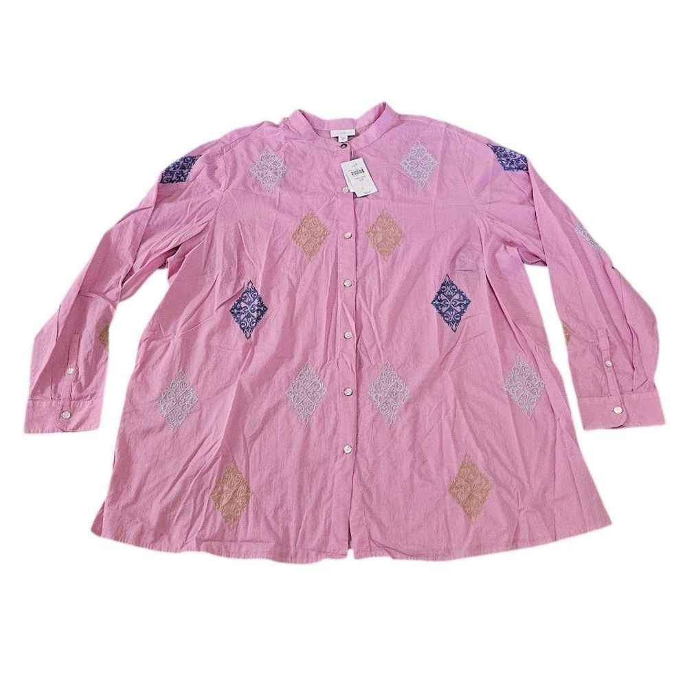 J. Jill Camellia Tunic Top Women 2X Pink Embroidered Cotton Button Front New